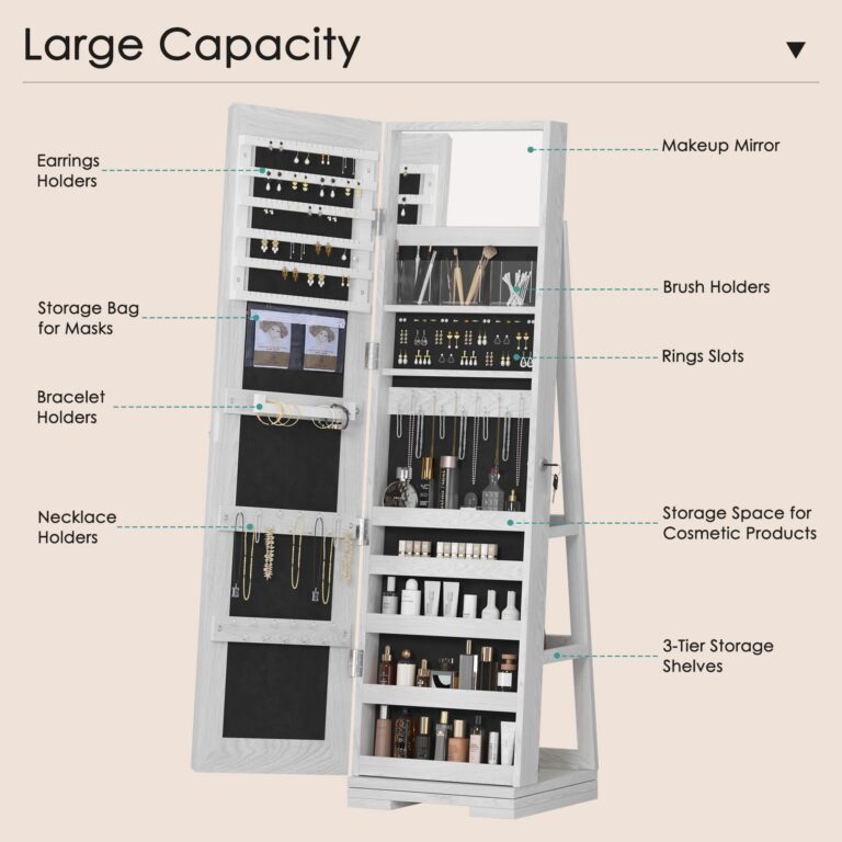 SDHYL 360° Rotating Full-Length Mirror Jewelry Cabinet - Standing Mirror with Jewelry Storage, Makeup Organizer & Lock, 63"x15", Perfect for Girls, Women, and Home Decor - Image 4