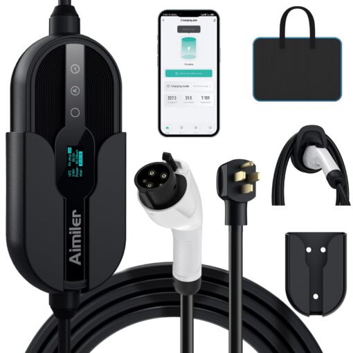 AIMILER Level 2 Electric Vehicle (EV) Charger(32Amp, 220V-240V, NEMA 14-50 Plug), 25ft Cable ETL Listed Portable Indoor/Outdoor EVSE SAE J1772 EV Car Charging Station w/Delay Timer, WiFi Enabled