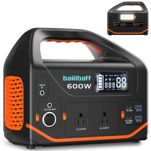 Bailibatt Portable Power Station 600W,293Wh Portable Generator for Home Use, Quiet Generator for Camping Travel Emergency CPAP Survival Backup Outdoor Apartment,100W PD & 110V Pure Sine Wave AC Outlet