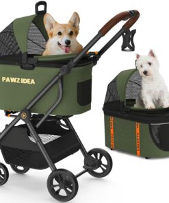 PAWZIDEA Cat Stroller 4 in 1, Pet Stroller for Small/Medium Dogs with Detachable Carrier Easy Lock NO-Zip Canopy, Seatbelt Dog Car Seat, Cozy House, Foldable Dog Jogger Strollers, Large Storage Basket