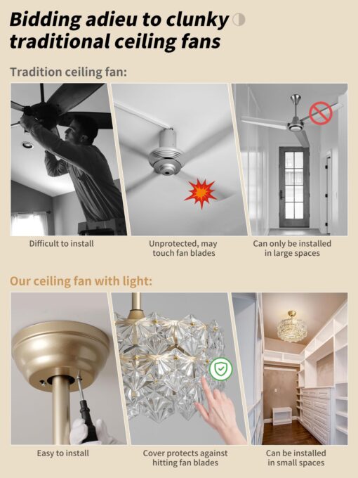 SYDACG 20" Gold Crystal Fandelier Ceiling Fan with Light, Mid-Century Chandelier Ceiling Fan with Light Remote Control, Modern Caged Enclosed 6 Speeds for Bedroom, Nursery, Foyer, Living Room - Image 7