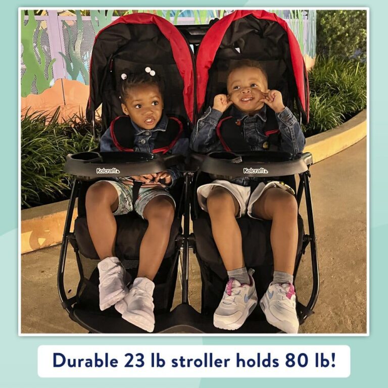 Kolcraft Cloud Plus Side-by-Side Lightweight Double Baby Stroller and Toddler Stroller with Reclining Seats, Child and Parent Trays, Large Storage, Extendable Canopies, Compact Fold - Red/Black - Image 2