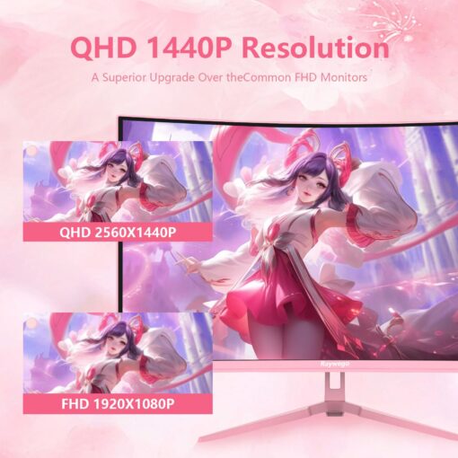 Raywego Pink 27 inch Curved Gaming Monitor 180Hz,QHD 1080P,1800R LED Display,Pink Computer Monitor,1ms (MPRT),FreeSync,Eye-Care Technology, DP, HDMI Port for Gaming Home Office,VESA(100mm*100mm) - Image 9