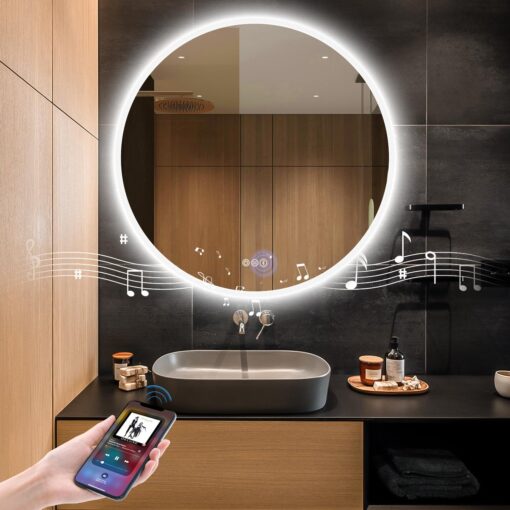 S·BAGNO 32’’ Round Led Bathroom Mirror with Lights, Backlit and Front Lighted, Wall-Mounted Vanity Mirror 3000K/4000K/6500K, Inside Bluetooth Speaker Anti-Fog Dimmable Smart Mirror - Image 5