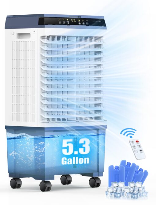Air Choice Evaporative Air Cooler, 1800CFM Swamp Cooler with 12H Timer, 110° Oscillation, Remote Control & 5.3 Gal Water Tank, 3 Speeds, 4 Ice Packs, 3-in-1 Evaporative Cooler for Outdoor Indoor Use