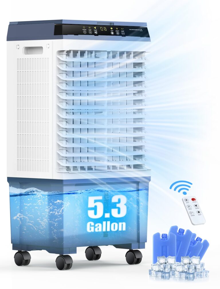 Air Choice Evaporative Air Cooler, 1800CFM Swamp Cooler with 12H Timer, 110° Oscillation, Remote Control & 5.3 Gal Water Tank, 3 Speeds, 4 Ice Packs, 3-in-1 Evaporative Cooler for Outdoor Indoor Use