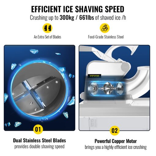 VEVOR 110V Commercial Ice Crusher 661LBS/H, ETL Approved 300W Electric Snow Cone Machine with Dual Blades, Stainless Steel Shaved Ice Machine with Safety On/Off Switch for Family, Restaurants, Bars - Image 7