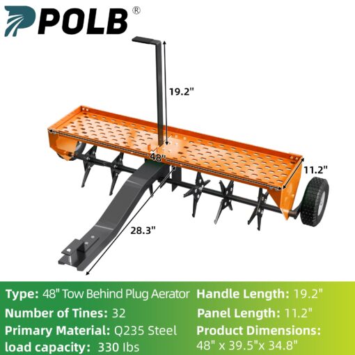 PPOLB 48" Tow Behind Lawn Plug Aerator with Universal Hich, Orange Painted Galvanized Steel with Tray and Inflatable Wheels for Garden, Farm and Lawn Plug Aerators - Image 2