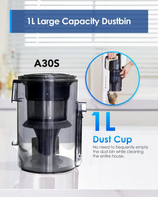 Tineco A30S Cordless Stick Vacuum Cleaner, 160W Powerful Suction, 60 Minutes Runtime, 1L Larger Dustbin, Rechargeable Lightweight and Versatile ZeroTangle Brush PureCyclone Tech LED Headlight - Image 6