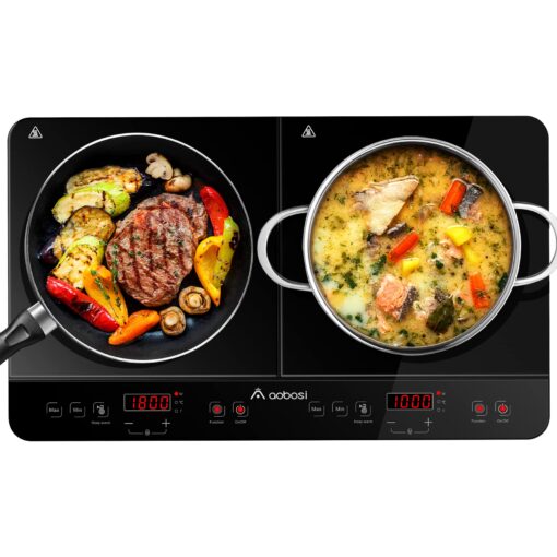 Aobosi Double Induction Cooktop Burner with 240 Mins Timer, 1800w 2 Induction Burner with 10 Temperature 9 Power Settings, Portable Dual Induction Cooker Cooktop with Touch Sensor Control & Child Safety Lock