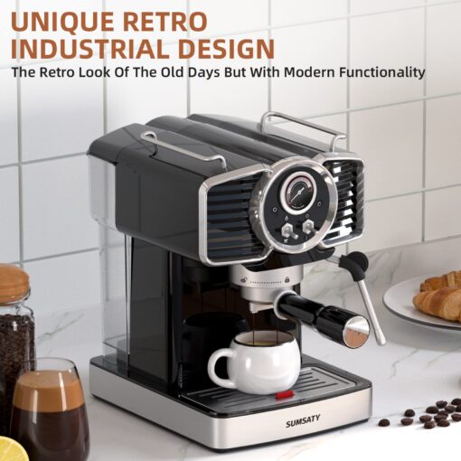 SUMSATY Espresso Machine 20 Bar, Professional Espresso Maker with Milk Frother Steamer Wand, Espresso Coffee Machine Black, Cappuccino & Latte Machine for Home, Retro, 1.8L Removable Water Tank - Image 9