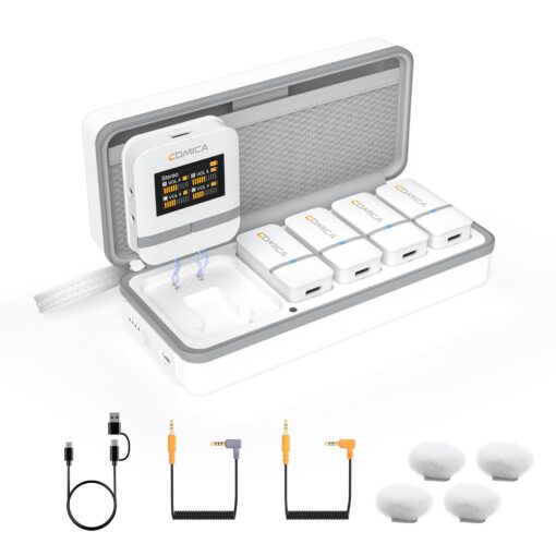 COMICA Vimo Q Wireless Lavalier Microphone System with 4 Transmitters and 1 Receiver, Noise Cancellation, 656' Range, Wireless Microphone for Camera, iPhone, Android, PC Interviews, Vlogging(White)