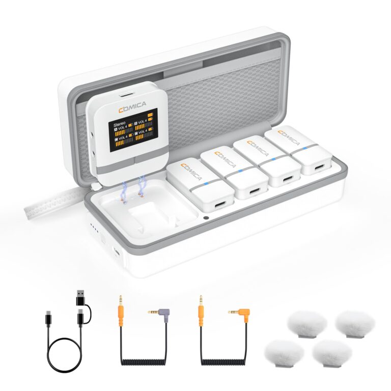 COMICA Vimo Q Wireless Lavalier Microphone System with 4 Transmitters and 1 Receiver, Noise Cancellation, 656' Range, Wireless Microphone for Camera, iPhone, Android, PC Interviews, Vlogging(White)