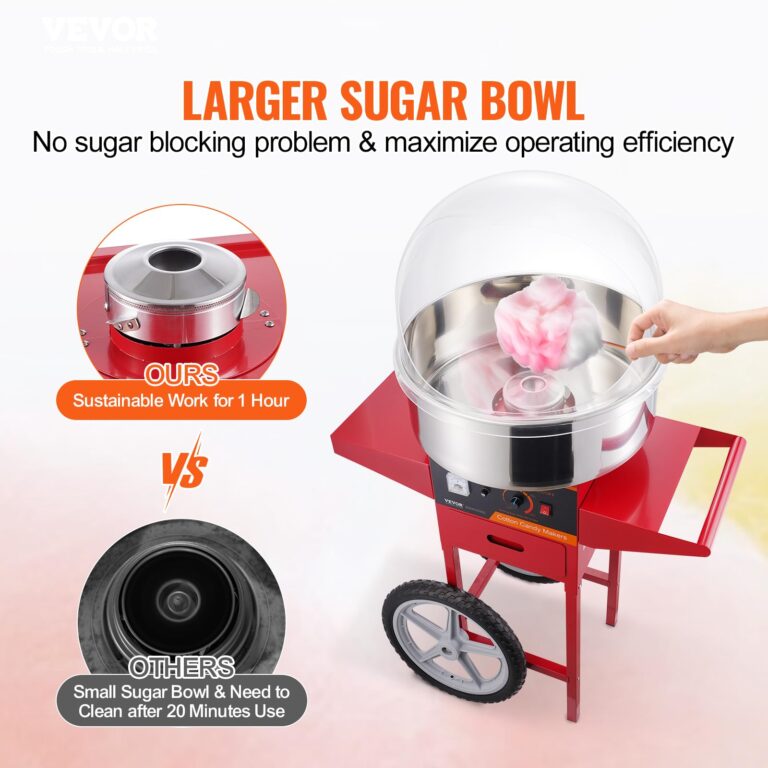 VEVOR Electric Cotton Candy Machine Cart with Cover, Commercial Floss Maker w/Stainless Steel Bowl, Sugar Scoop and Drawer, Perfect for Home, Carnival, Kids Birthday, Family Party, Red - Image 9