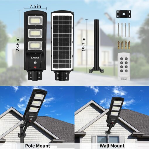 LANGY Solar Street Light Outdoor, Upgraded Solar Parking Lot Lights Dusk to Dawn, IP67 Waterproof 6500K 18000LM, Solar Street Light Motion Sensor with Remote Control for Commercial, Yard (2Pack) - Image 3