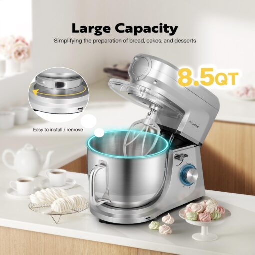 VIVOHOME 6 in 1 Multifunctional Stand Mixer with 8.5 Quart Stainless Steel Bowl, 660W 10 Speed Tilt-Head Meat Grinder, Juice Blender, Vegetable Slicer, Pasta and Cookie Maker, Silver - Image 4