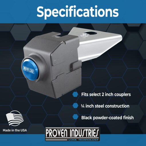 Proven Industries Model 2178-A Trailer Lock, Fits 2-Inch Yoke-Latch Trailer Couplers, Secures Safety Chains, Made in The USA, (Blue) - Image 6