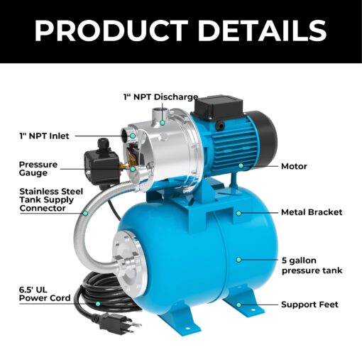 BOMGIE Shallow Well Pump with Pressure Tank 1.5HP, Irrigation Jet Pump 1200 GPH Automatic Booster Sprinkler System,Stainless Steel Water Transfer Camp Pumps for Home, Garden, Lawn - Image 5