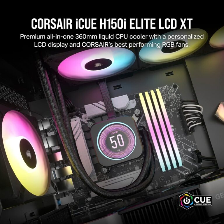 Corsair iCUE H150i Elite LCD XT Liquid CPU Cooler - IPS LCD Screen - Three AF120 RGB Elite Fans - 360mm Radiator - Fits Intel® LGA 1700, AMD® AM5, and More-Included iCUE Commander CORE-Black (Renewed) - Image 7