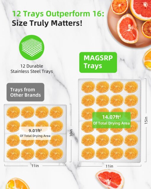 1000W 12-Tray Stainless Steel Food Dehydrator with Extra-Large Trays (14.07ft²) | 194°F Temp Control, 24-Hour Timer, Overheat Protection | Efficient for Drying Jerky, Fruits, and Vegetables - Image 7