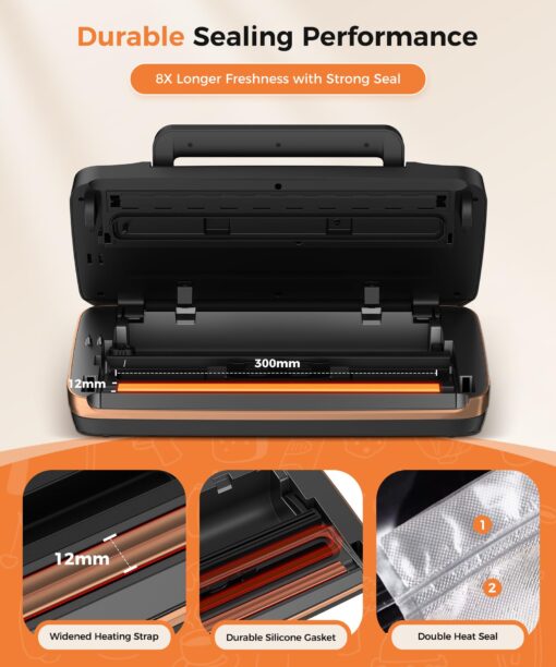 95kpa Vacuum Sealer Machine,Commercial Full Automatic Food Sealer,Powerful Sealing System with Double Heat Seal,Bags Storage, Easy-Lock Handle,Build-in Cutter,1 Bag Rolls and 10 pcs Pre-cut Bags - Image 6