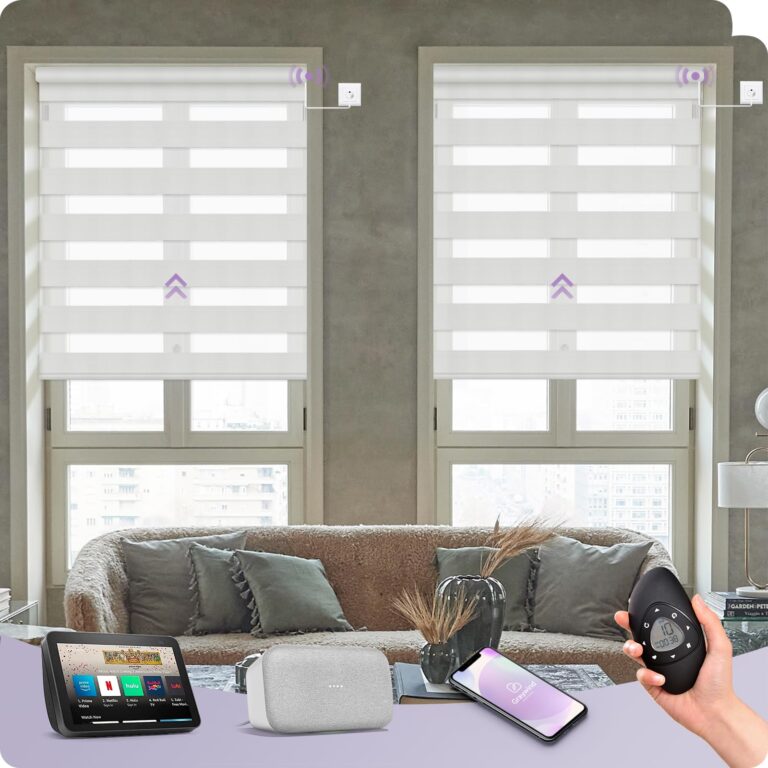 Graywind Motorized Zebra Blinds Compatible with Alexa Google WiFi Hardwired Smart Horizontal Window Blind Remote Control Light Filtering Electric Window Shades, Customized Size (Pure White)