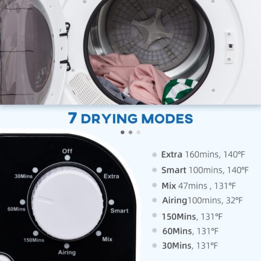 HOMCOM Portable Clothes Dryer, 120V 1300W Compact Laundry Dryer with Intelligent Drying, 3.2 cu.ft Stainless Steel Drum, Front Load Electric Dryer for Apartments, Dorms, RVs, White - Image 8