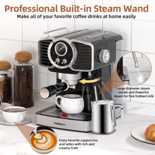 SUMSATY Espresso Machine 20 Bar, Professional Espresso Maker with Milk Frother Steamer Wand, Espresso Coffee Machine Black, Cappuccino & Latte Machine for Home, Retro, 1.8L Removable Water Tank - Image 7