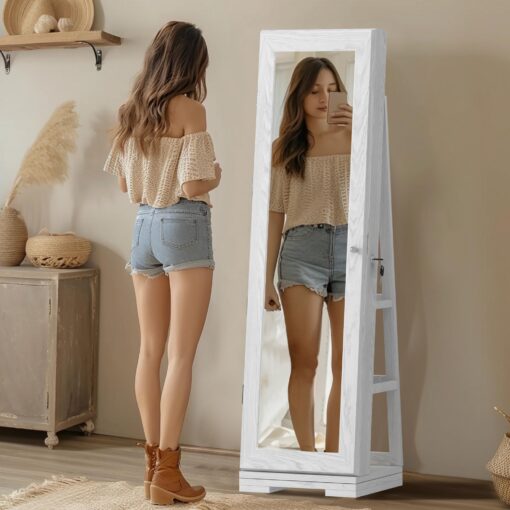 SDHYL 360° Rotating Full-Length Mirror Jewelry Cabinet - Standing Mirror with Jewelry Storage, Makeup Organizer & Lock, 63"x15", Perfect for Girls, Women, and Home Decor - Image 2