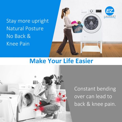 EZ Laundry Laundry Pedestal for Washer and Dryer | 27-Inch Stand with Shelf | Elevates 18" | Includes Drain Pan & Hose, Adjustable Feet Fits All 27" Wide Washer/Dryer Brands - (White with Shelf) - Image 4