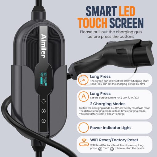 AIMILER Level 2 Electric Vehicle (EV) Charger(32Amp, 220V-240V, NEMA 14-50 Plug), 25ft Cable ETL Listed Portable Indoor/Outdoor EVSE SAE J1772 EV Car Charging Station w/Delay Timer, WiFi Enabled - Image 8