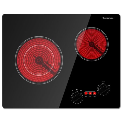 Apartment Electric Cooktop, ThermoMate 21 Inch Built-in Radiant Electric Stove Top, 3700W Ceramic Stove Top with 2 Burners, UL Certified, Knob Control, 240V