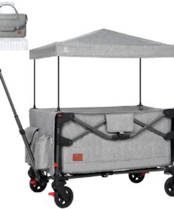 EVER ADVANCED Foldable into Bag Travel Wagon Stroller for 2 Kids & Cargo, Collapsible Toddler Wagon with Removable Canopy, Adjustable 5-Point Harness, Lightweight Carry-on Stroller for Airplane