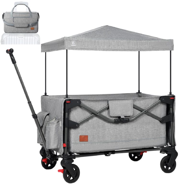 EVER ADVANCED Foldable into Bag Travel Wagon Stroller for 2 Kids & Cargo, Collapsible Toddler Wagon with Removable Canopy, Adjustable 5-Point Harness, Lightweight Carry-on Stroller for Airplane