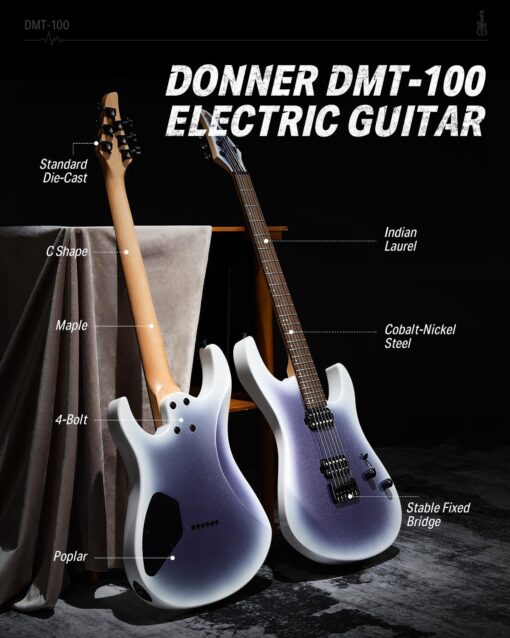 Donner Solid Body Electric Guitar, 39 Inch Metal Electric Guitar Beginner Kits with Bag, Strings, Strap, Cable, Strings Dampener for Rock Music Lover, DMT-100 (Gradient Violet) - Image 8