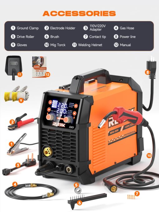 RUBIK MIG Welder 200A Welding Machine – 5 in 1 Flux Core Welder 110V/220V Dual Voltage with Advanced IGBT Inverter for MIG GAS GASLESS STICK TIG Welder - Image 2