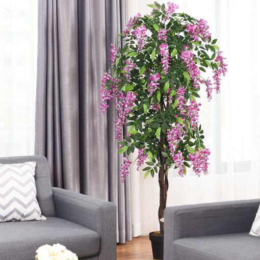 Goplus 6FT Ficus Artificial Tree, 2 Pack Fake Wisteria Tree in Nursery Pot, Greenery Faux Floor Plant, Tall Artificial Plants for Indoor Outdoor Bedroom Living Room Decor - Image 7
