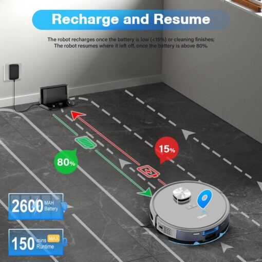 Tikom Robot Vacuum and Mop with LiDAR Navigation L9000, 4000Pa Robotic Vacuum Cleaner, 150Min Max, Smart Mapping, Good for Pet Hair, Carpet, Hard Floor - Image 3