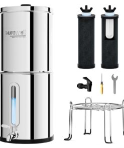 Purewell 2.25G Gravity Water Filter System with Water Level Window, 3-Stage 0.01μm Ultra-Filtration Stainless Steel Countertop System with 2 Filters and Stand, Reduce 99% Chlorine, PW-KS