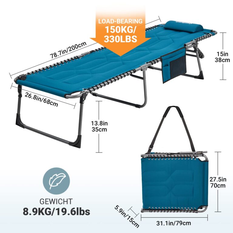 KingCamp Set of 2 Oversize Padded Folding Chaise Lounge Chair for Outdoor, Patio, Beach,Lawn, Sunbathing, Tanning, Pool, Lay Flat Heavy-Duty Adjustable Reclining Chairs with Pillow, Support 330lb,Teal - Image 6