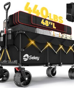 Sekey 48''L Collapsible Foldable Extended Wagon with 440lbs Weight Capacity, Heavy Duty 300L Folding Utility Garden Cart with Big All-Terrain Beach Wheels & Drink Holders. Black