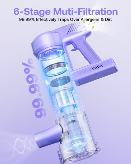 Cordless Vacuum Cleaner, 40Kpa 45Mins Vacuum Cleaners for Home, 8-in-1 Lightweight Stick Vacuum with Powerful Suction, Anti-tangle Wireless Vacuum for Carpet, Tile, Pet Hair, Hardwood Floors, Purple - Image 3