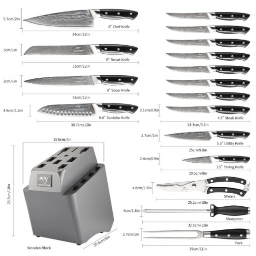 18 Pieces Damascus Kitchen Knife Set, 8 Piece Steak Knives, Non-slip ABS Ergonomic Triple Rivet Handle for Meat Fork, Knife Sharpener and Shears, 17 Slots Fraxinus Manchuria Knife Block (Grey) - Image 9
