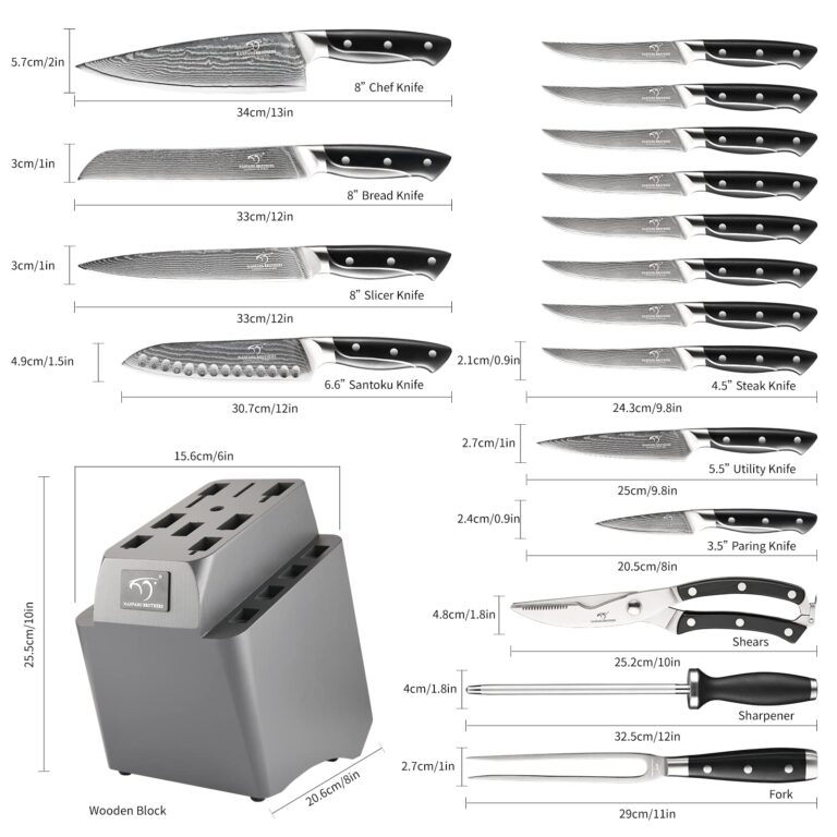 18 Pieces Damascus Kitchen Knife Set, 8 Piece Steak Knives, Non-slip ABS Ergonomic Triple Rivet Handle for Meat Fork, Knife Sharpener and Shears, 17 Slots Fraxinus Manchuria Knife Block (Grey) - Image 9