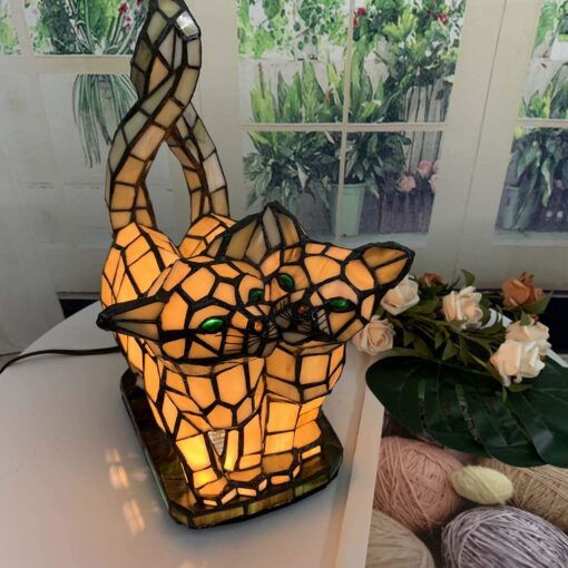 Bieye L10771 Cats in Love Tiffany Style Stained Glass Accent Table Lamp Night Light for Home Decoration (Two Cats, Yellow) - Image 7