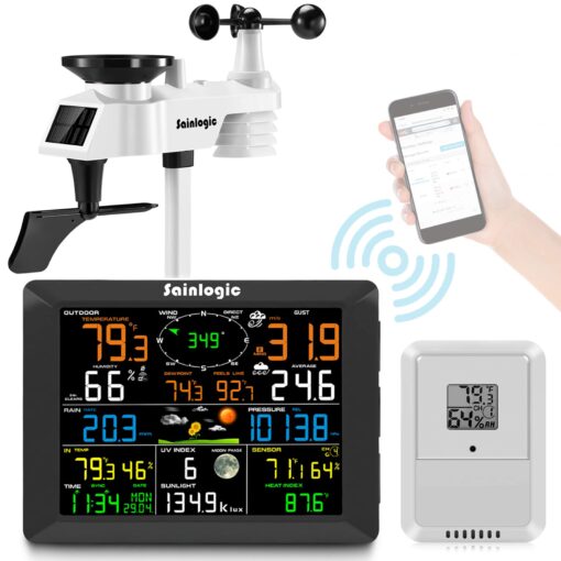 Sainlogic 8.3 Inch Color Display WLAN Weather Stations Wireless Indoor Outdoor with 7-in-1 Rain Gauge and Wind Speed Sensor, Internet Wireless Weather Station Remote Monitoring System