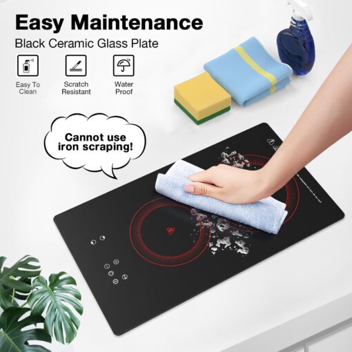 VBGK Electric Cooktop,3000W 12 inch Electric Stove Top,Built-in and Countertop 2 Burner Electric Cooktop 220V with Plug,9 Power Levels, Kids Lock & Timer,LED Touch Control,Overheat Protection Stovetop - Image 5