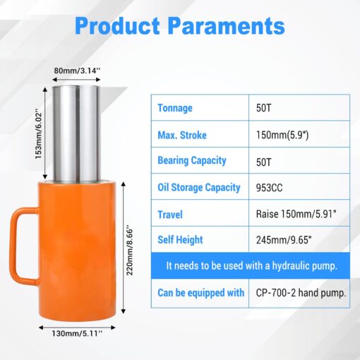 OXMART 50T 6In Hydraulic Cylinder Jack, Stroke Hydraulic Lifting Cylinder 150mm, Oil Storage Capacity 953CC, Hydraulic Ram Cylinder Solid for Power, Chemicals, Steel, Bridges, Shipbuilding, Machinery - Image 9