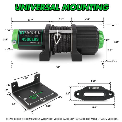 STEGODON Winch 4500 lb Winch ATV/UTV Winch 12V Waterproof Electric Winch Synthetic Rope Winch for ATV UTV Towing Trailer Winches with Wireless Remote,Wired Handle and Winch Mounting Plate - Image 7