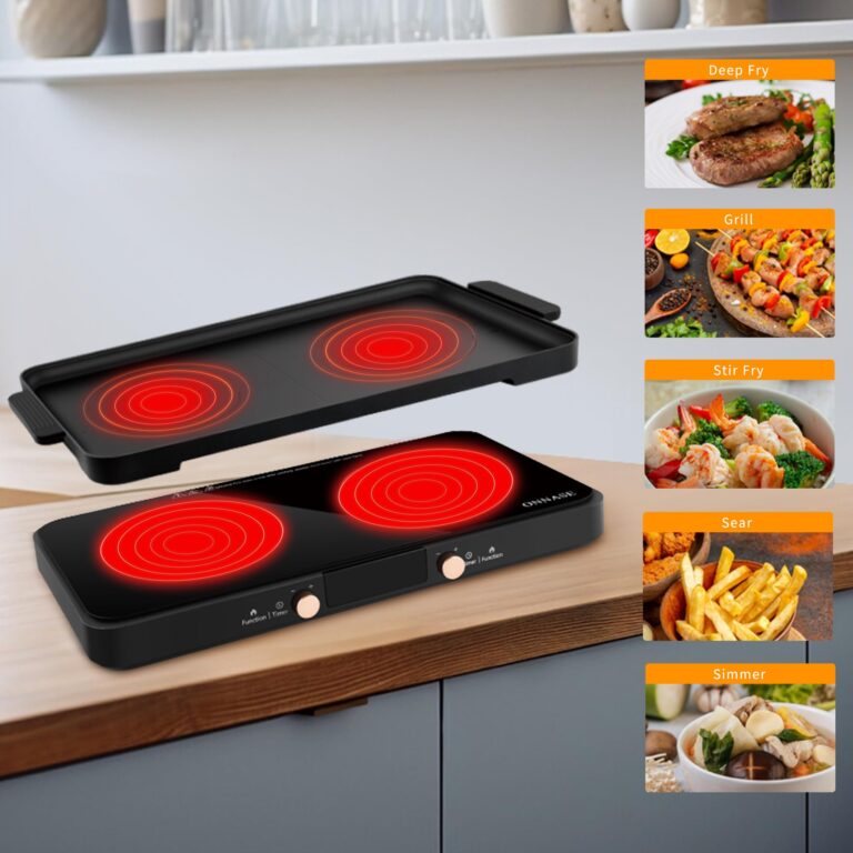ONNASE Double Induction Cooktop, 1800W Electric Stove Top Burner with Removable Non-Stick Griddle Pan, 2 Induction Burners, 11 Temperature & Power Levels, 3-Hour Timer, Black - Image 2